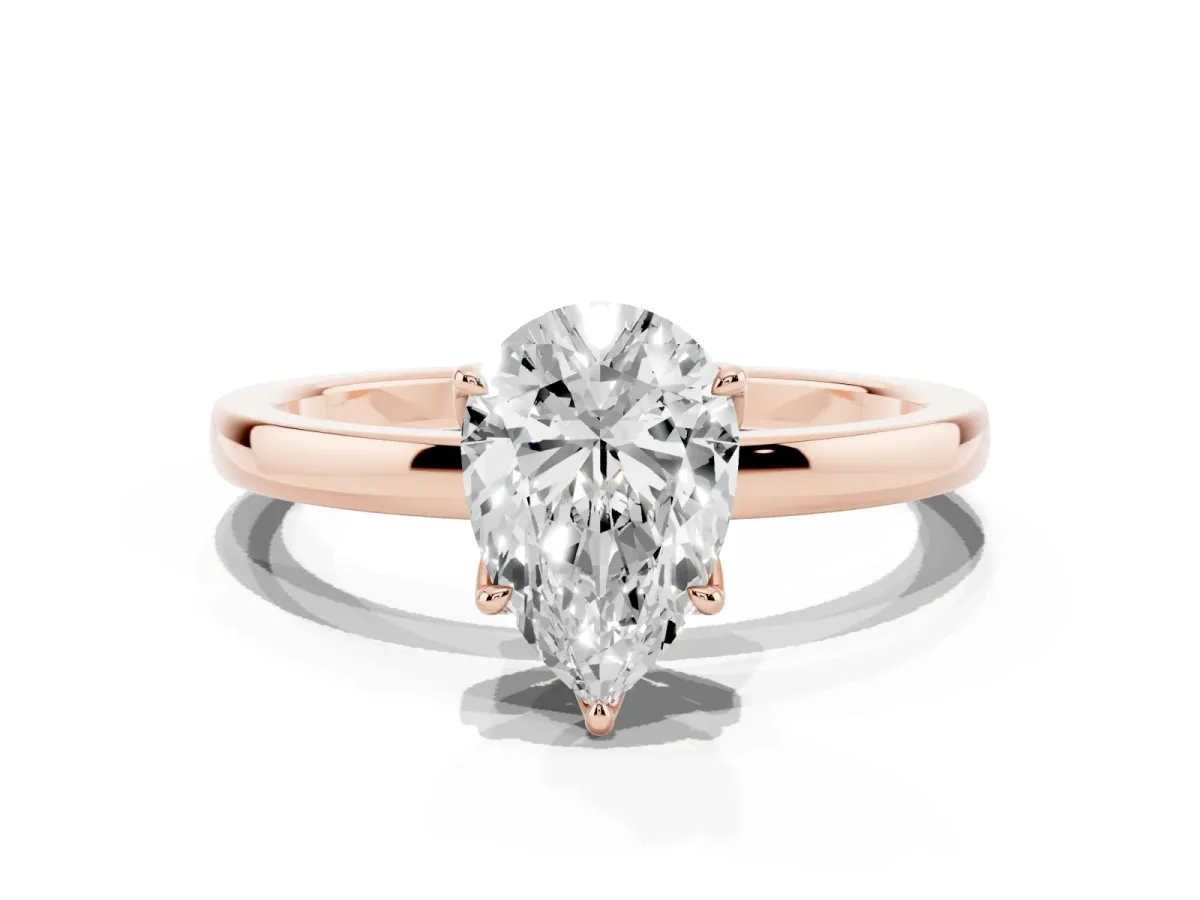 Pear Cut Diamond Solitaire Ring with Thin Band and Prong Setting Rose gold