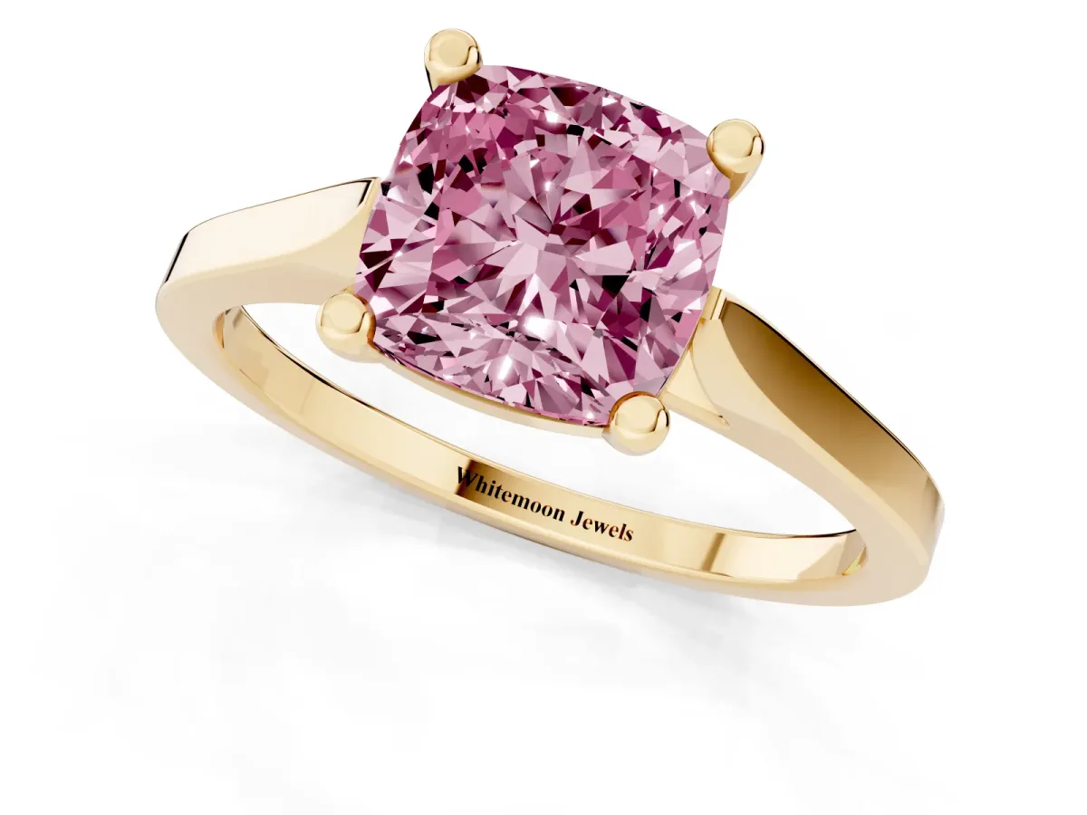 Fancy Pink Cushion Cut Solitaire Diamond Ring with Four-Prong Setting and Tapered Band Yellow gold