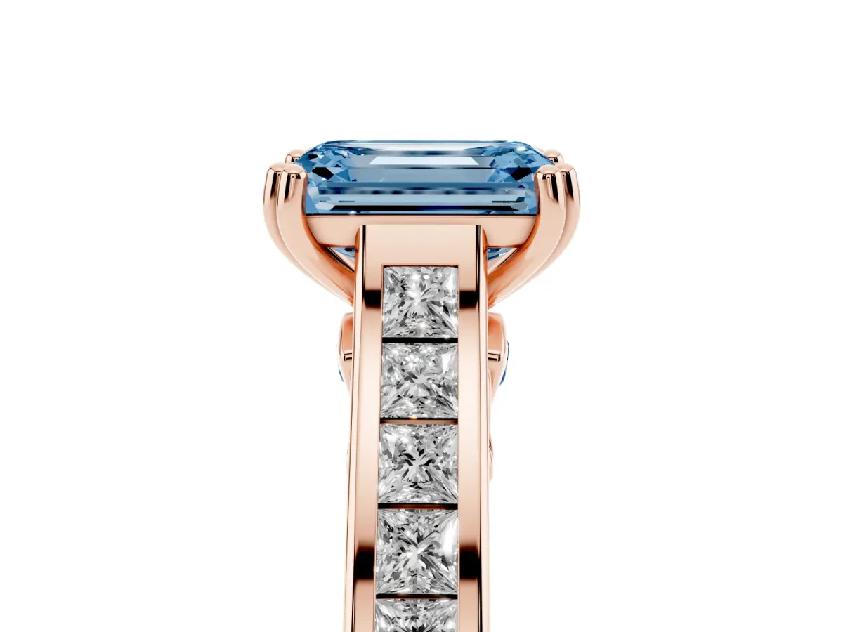 Fancy Blue Emerald Cut Cut Channel Set Solitaire Engagement Ring with Prong Setting Rose gold