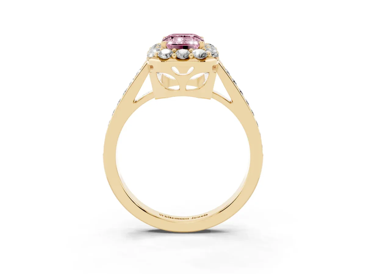 Fancy Pink Emerald Cut Diamond Floral Halo Ring with Pavé Band and Prong Setting Yellow gold