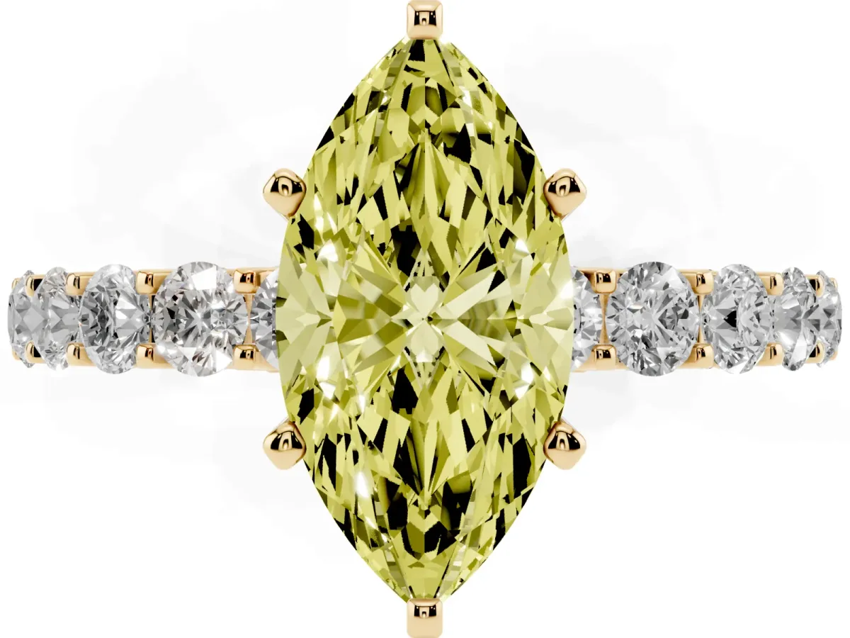 Fancy Yellow Marquise Cut Diamond Solitaire Ring with Shared Prong Pavé Band and Four-Prong Setting Yellow gold
