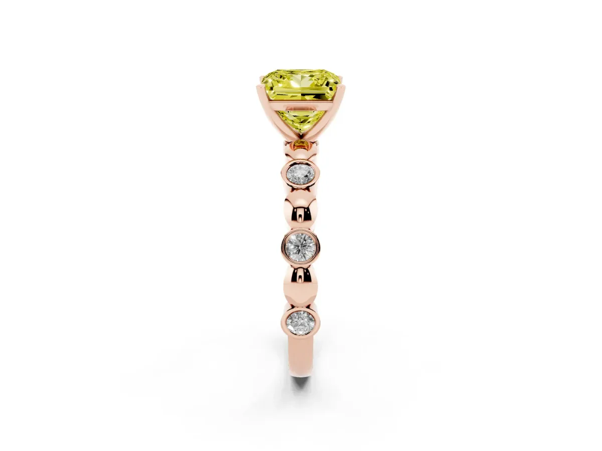 Fancy Yellow Princess Cut Solitaire Bezel-Set Diamond Ring with Beaded Band and Four-Prong Setting Rose gold