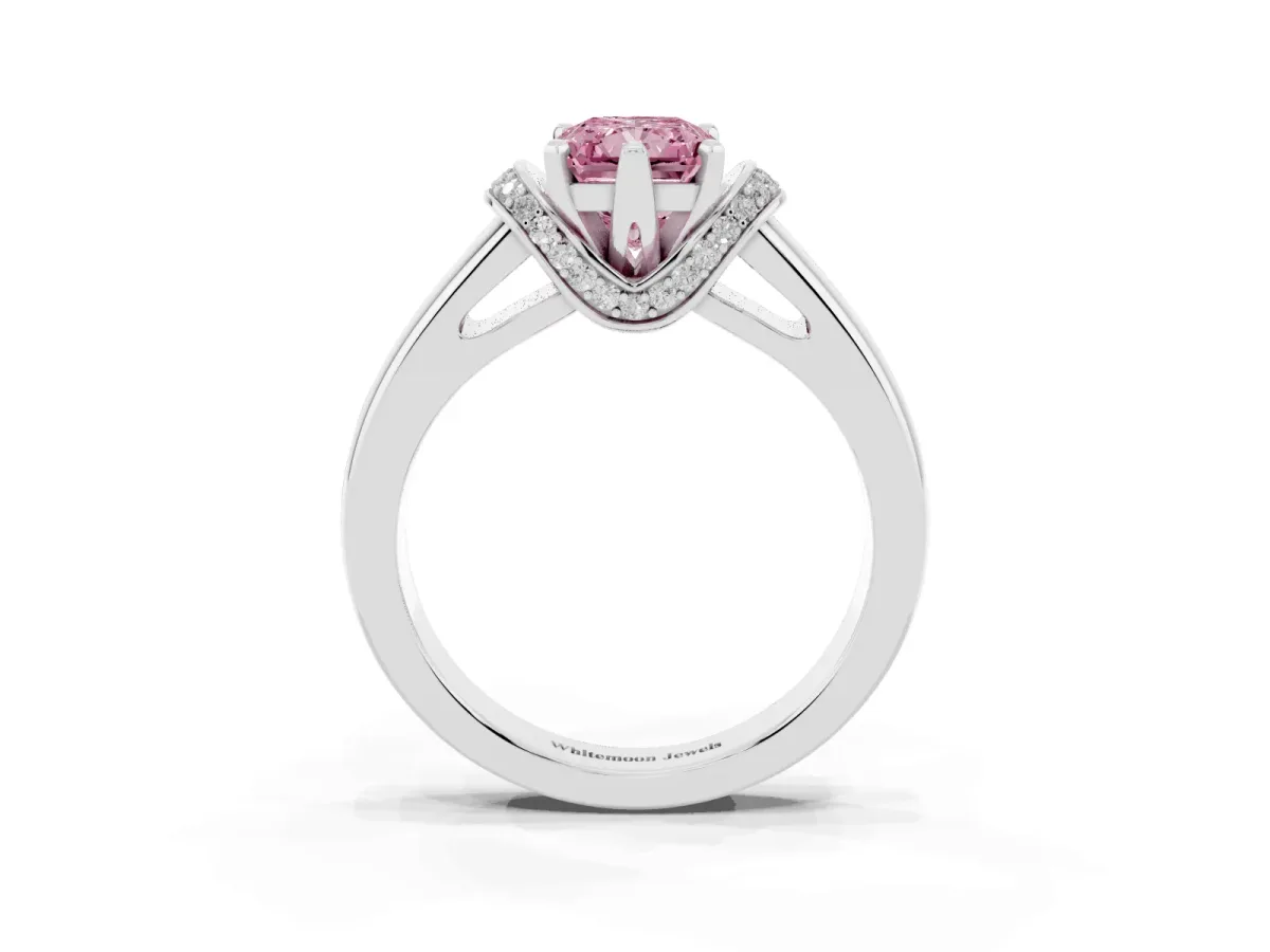 Fancy Pink Radiant Cut Solitaire Diamond Ring with Pave Band and Six-Prong Setting White gold