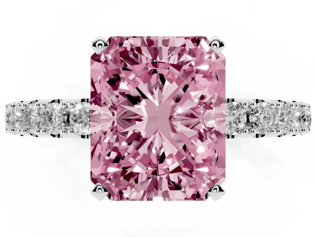 Fancy Pink Radiant Cut Diamond Solitaire Pavé Band with Four-Prong Setting Silver