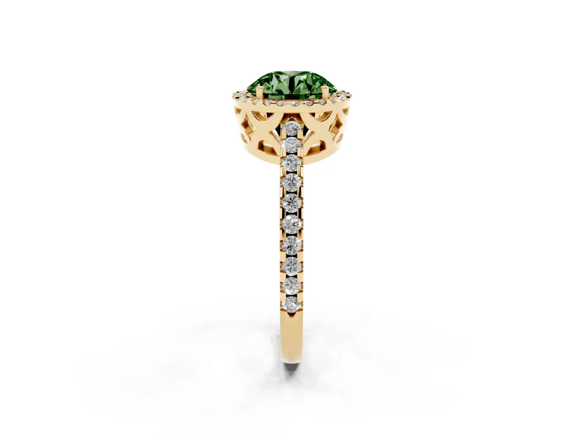 Fancy Green Round Cut Diamond Halo Engagement Ring with Pavé Band and Prong Setting Yellow gold