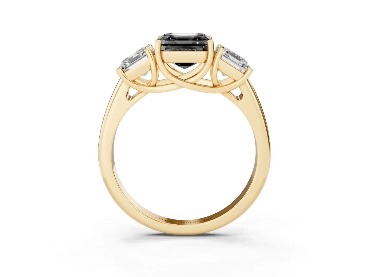 Fancy Black Three-Stone Asscher Cut Diamond Engagement Ring with Prong Setting Yellow gold