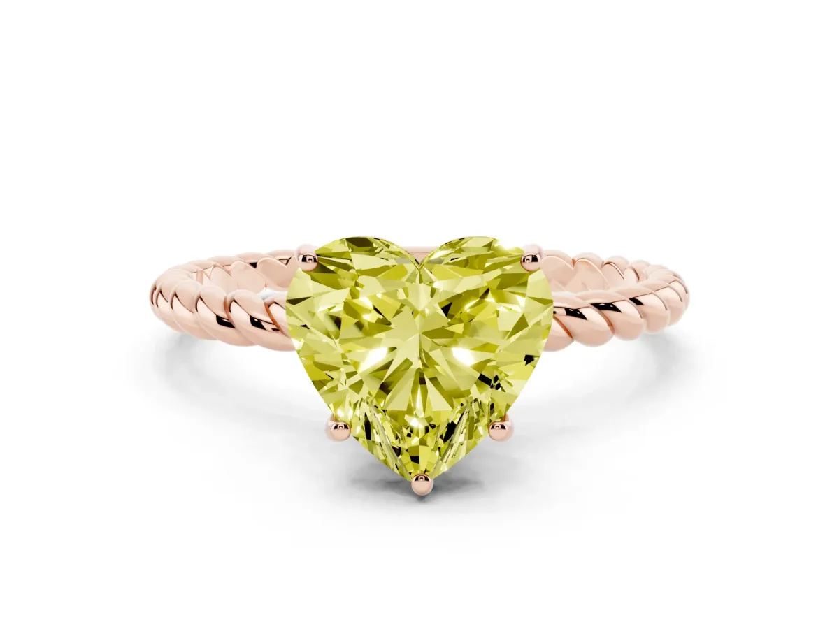 Fancy Yellow Heart Cut Solitaire Twist Band Ring with Four-Prong Setting Rose gold