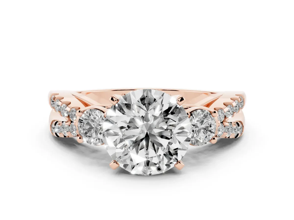 Round Cut Diamond Three-Stone Ring with Pavé Split Shank and Four-Prong Setting Rose gold