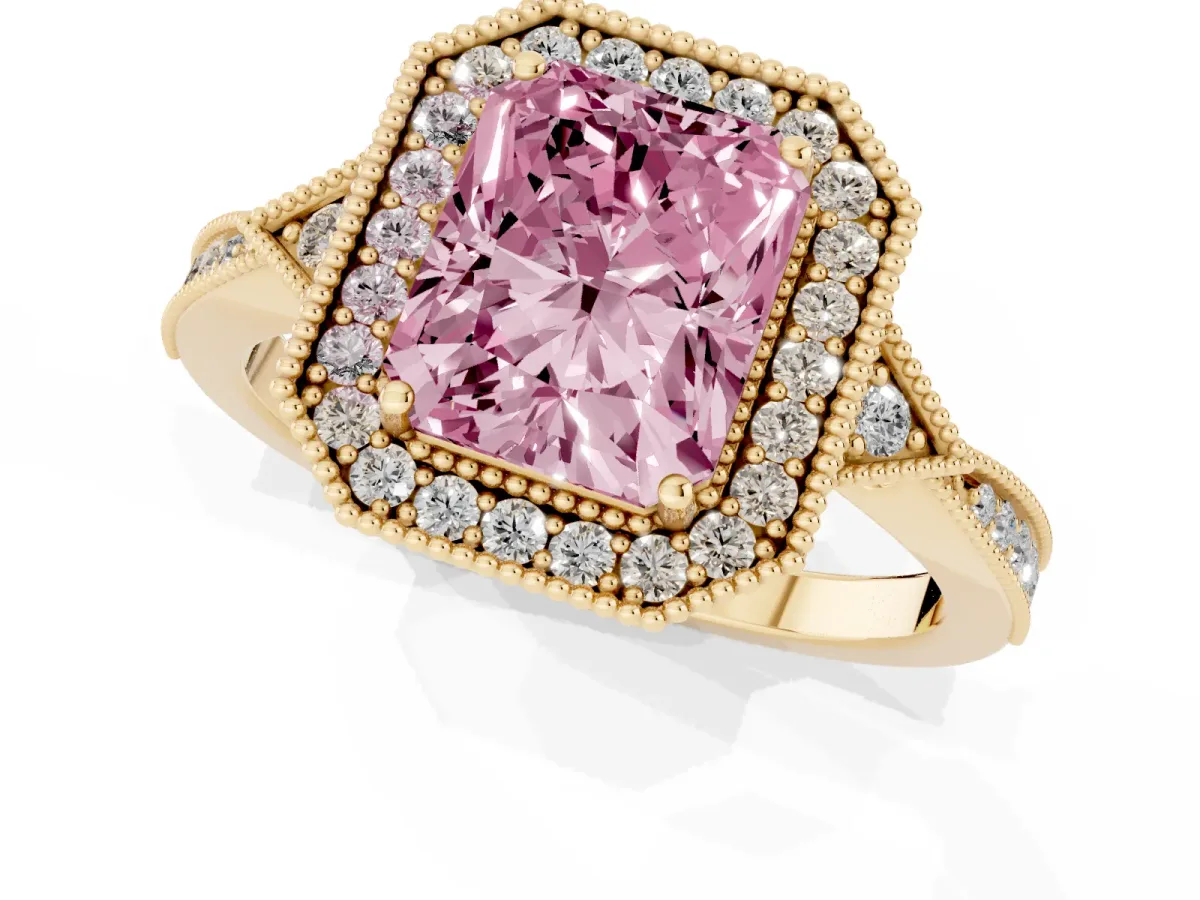 Fancy Pink Radiant Cut Halo Round Diamond Milgrain Pave Engagement Ring Yellow gold