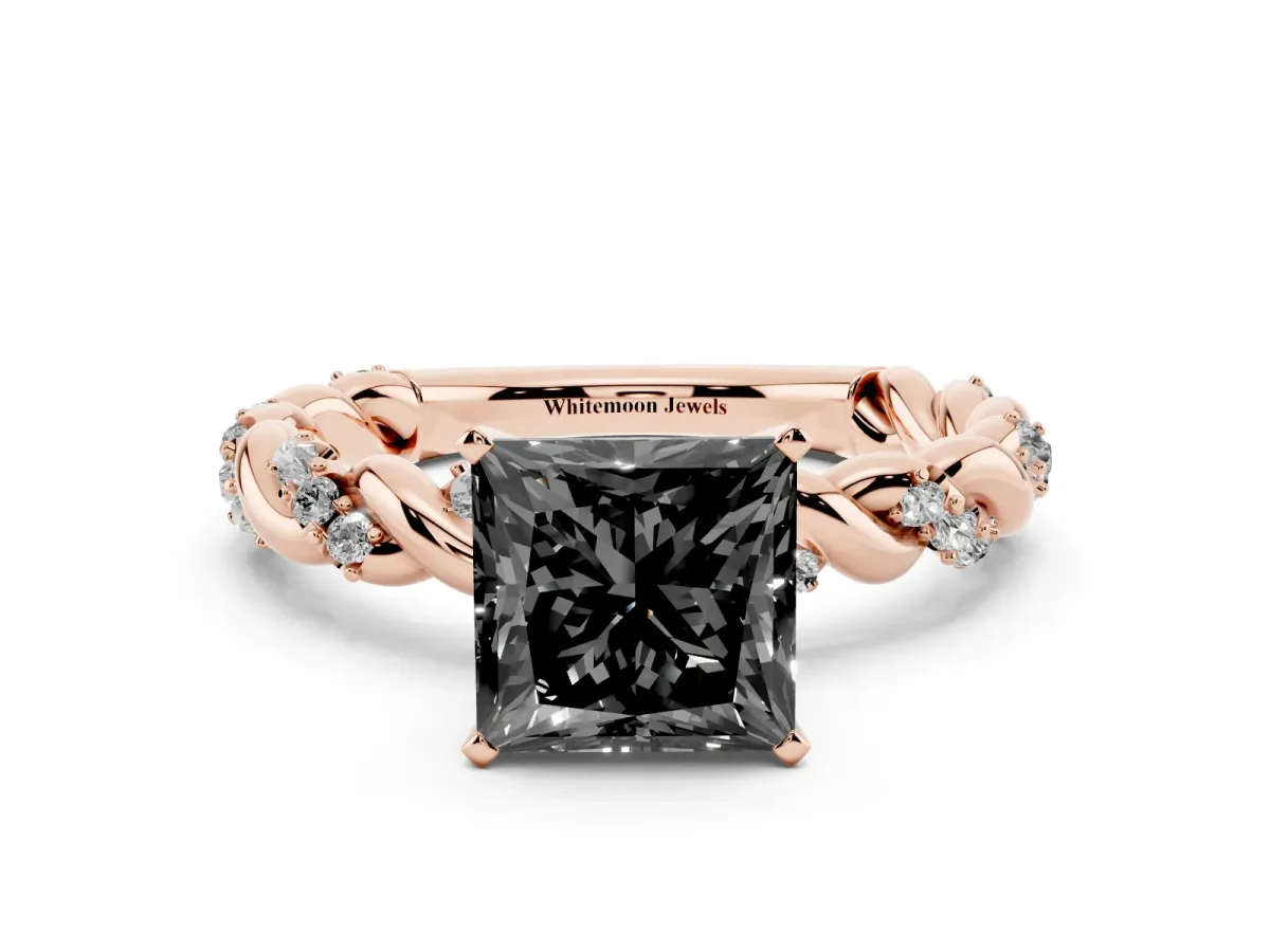 Fancy Black Princess Cut Diamond Solitaire Ring with Twisted Band and Pavé Accents Rose gold