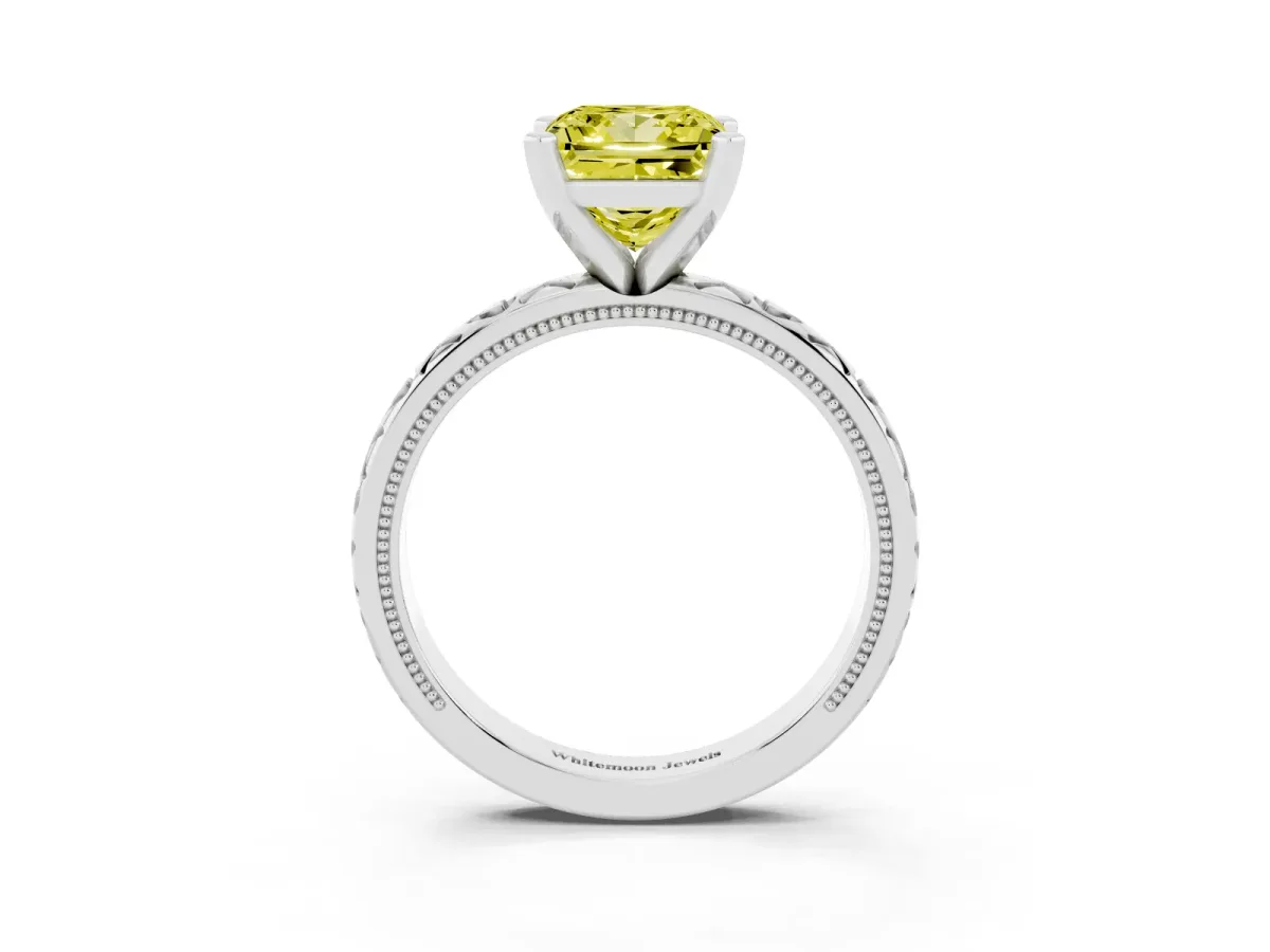 Fancy Yellow Princess Cut Solitaire Diamond Engagement Ring with XO Engraved Band and Four-Prong Setting Silver