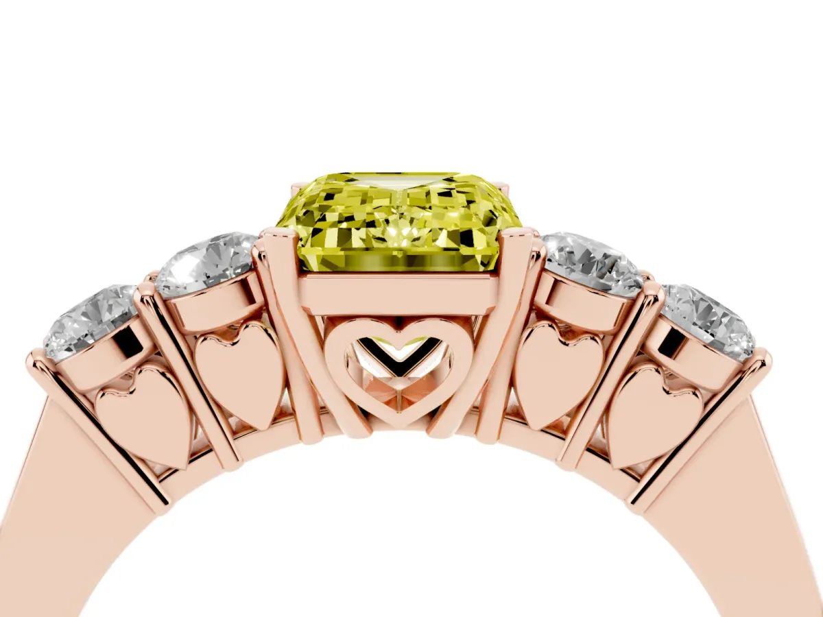Fancy Yellow Emerald Cut Cut Diamond Five-Stone Prong Set White Gold Ring Rose gold