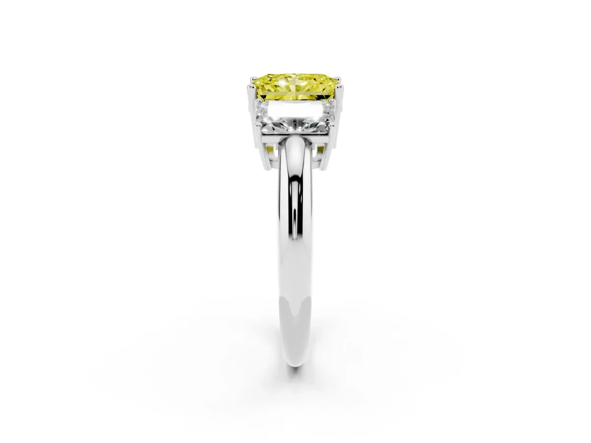 Fancy Yellow Three-Stone Radiant Cut Cut Diamond Engagement Ring with Prong Setting on a White Gold Band White gold