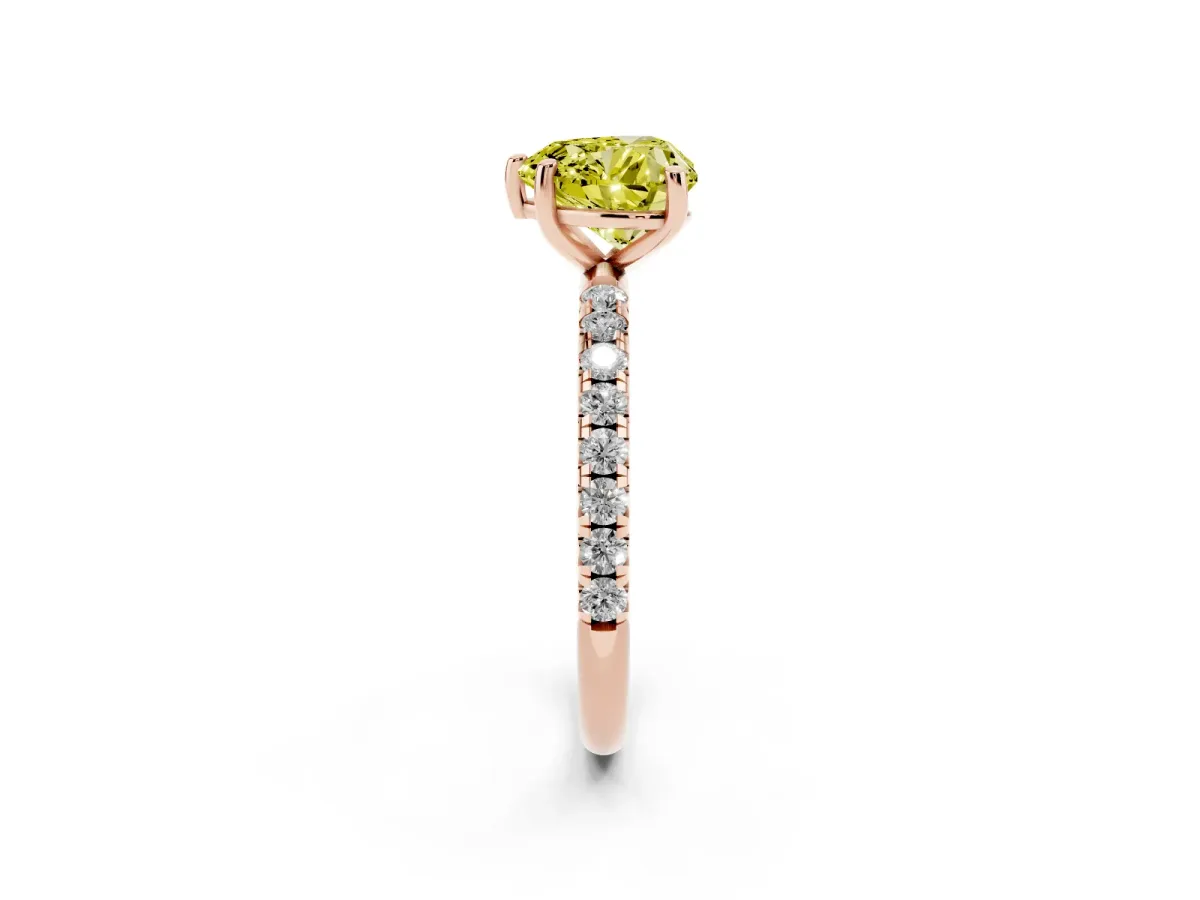 Fancy Yellow Heart Cut Cut Diamond Solitaire Ring with Micro Pave Band and Four Prong Setting Rose gold