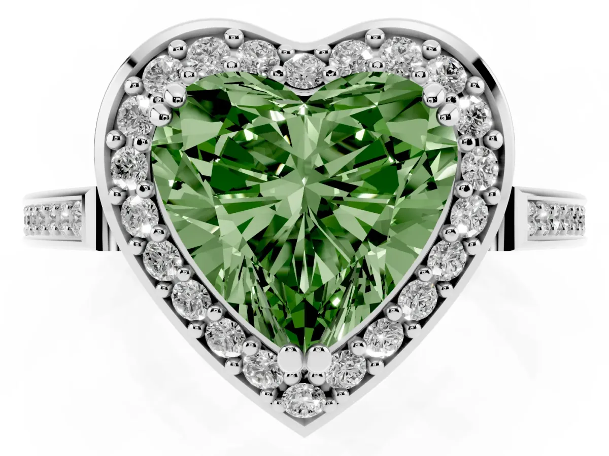 Fancy Green Heart Cut Diamond Halo Ring with Split Shank and Four-Prong Setting Silver