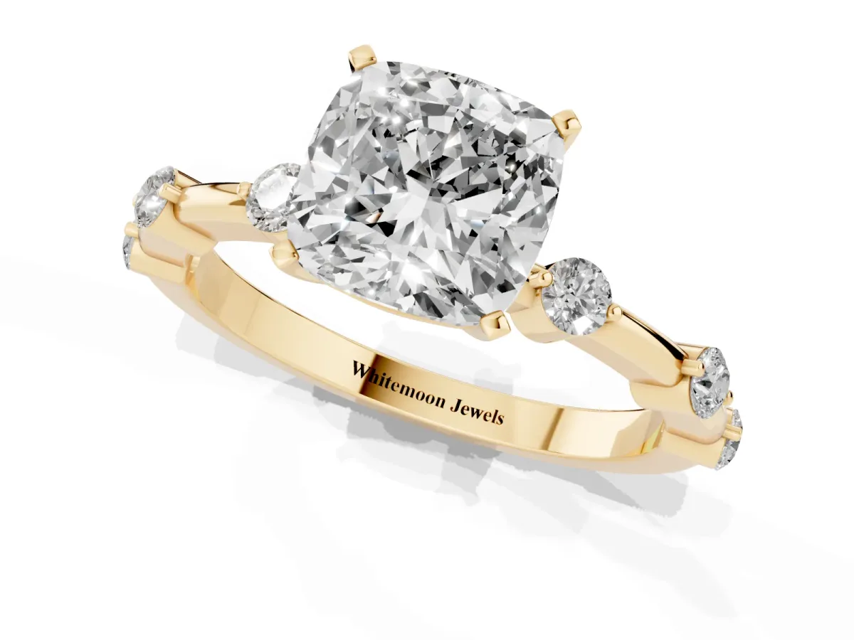 Cushion Cut Solitaire Diamond Ring with Bezel Set Side Stones and Prong Setting Yellow gold