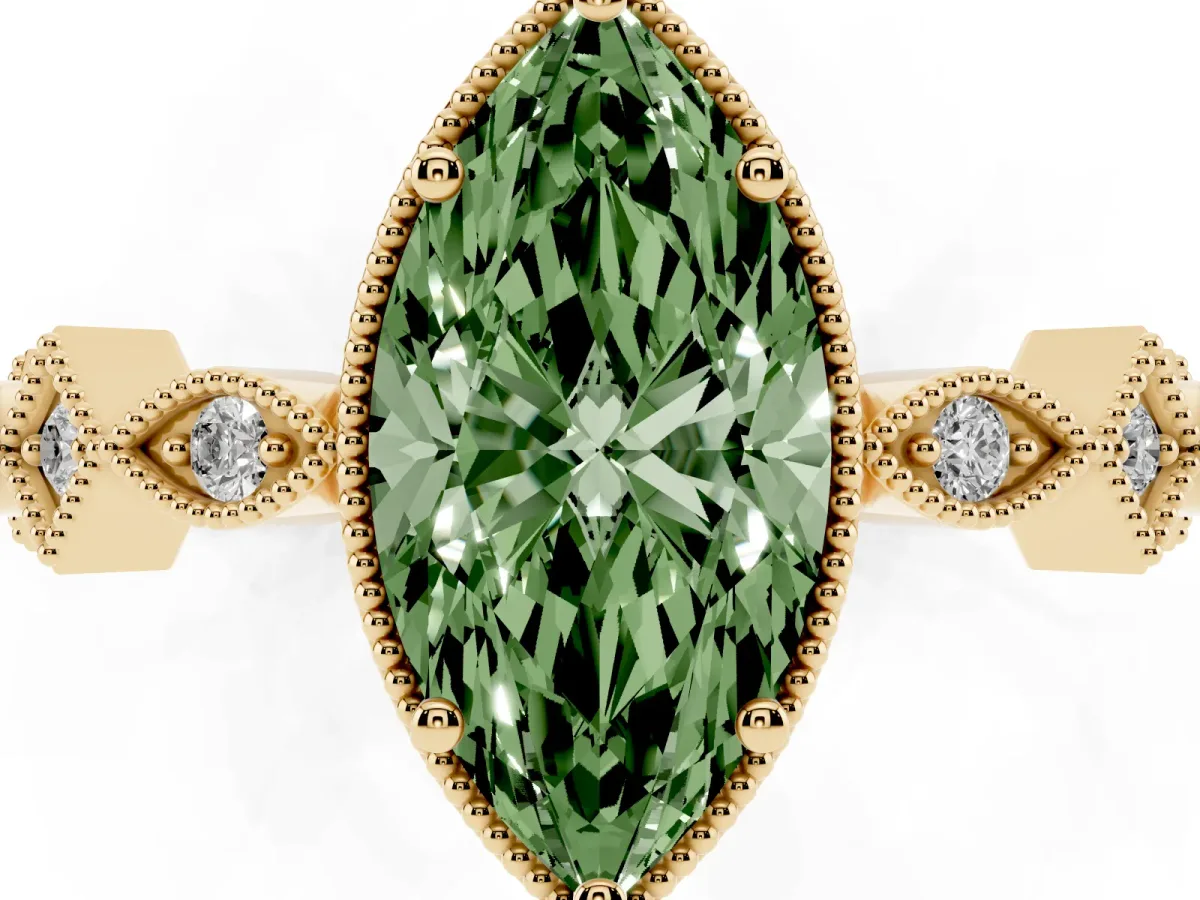 Fancy Green Marquise Cut Milgrain Marquise Diamond Twist Band Ring Yellow gold