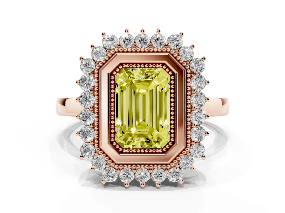 Fancy Yellow Emerald Cut Halo Diamond Ring with Milgrain Edge and Round Prong Setting Rose gold