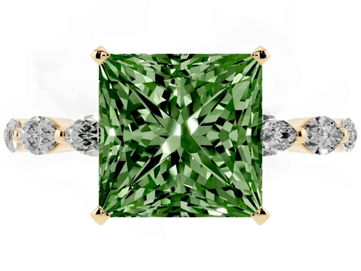 Fancy Green Princess Cut Diamond Ring with Marquise Side Stones and Prong Setting Yellow gold