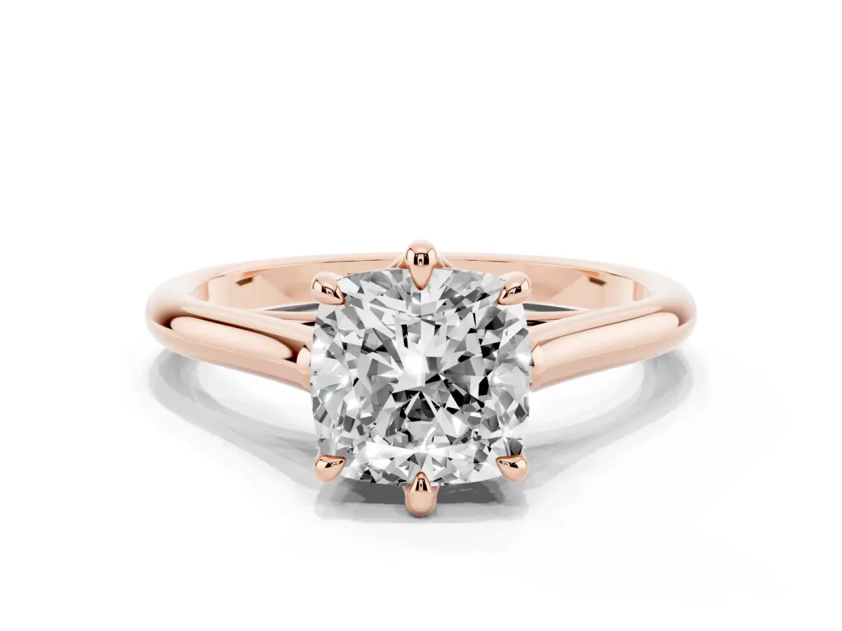 Cushion Cut Solitaire Engagement Ring with Six-Prong Setting and Classic Band Rose gold