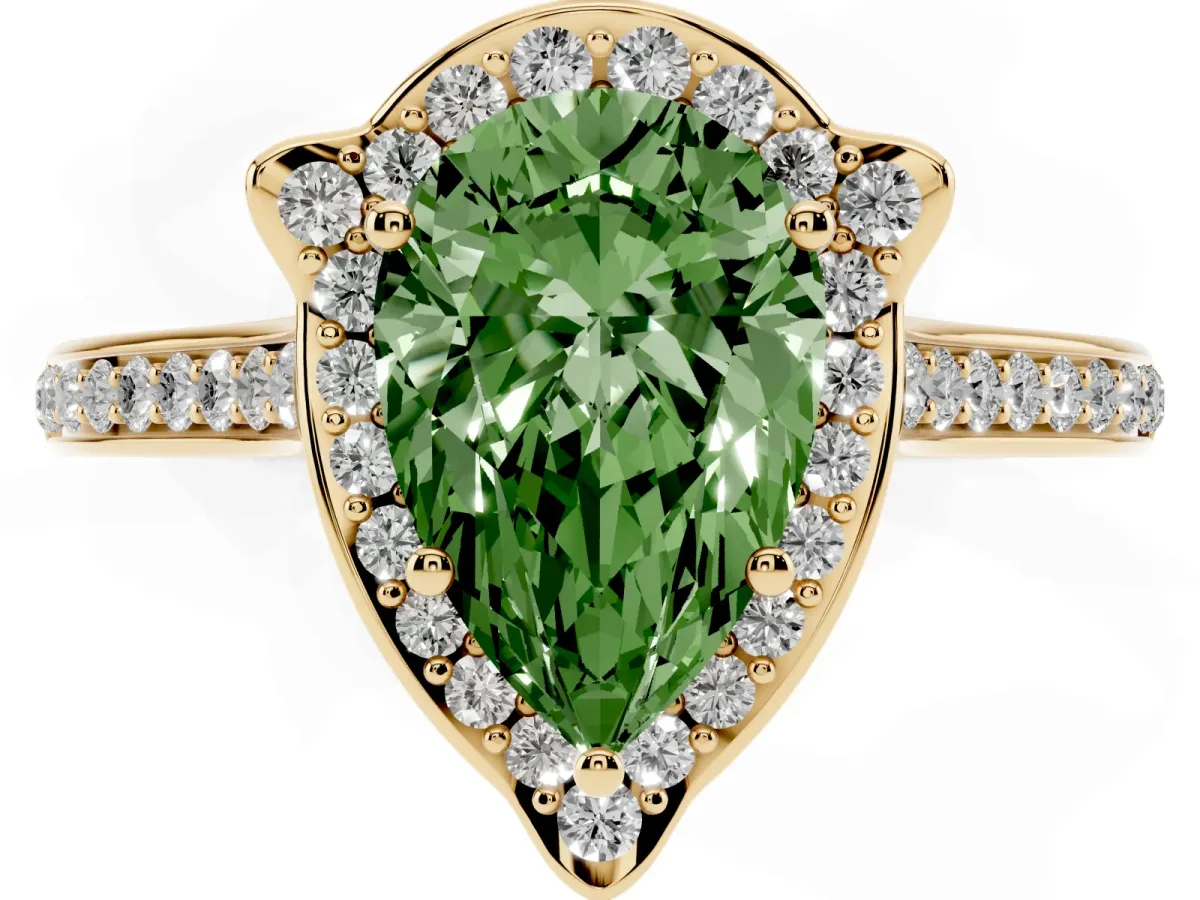 Fancy Green Pear Cut Halo Round Diamond Pave Band with Four-Prong Setting Yellow gold
