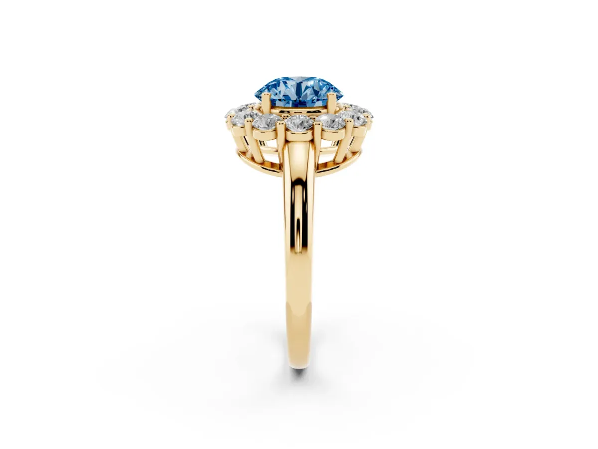 Fancy Blue Round Cut Halo Cluster Diamond Engagement Ring with Prong Setting and Polished Band Yellow gold
