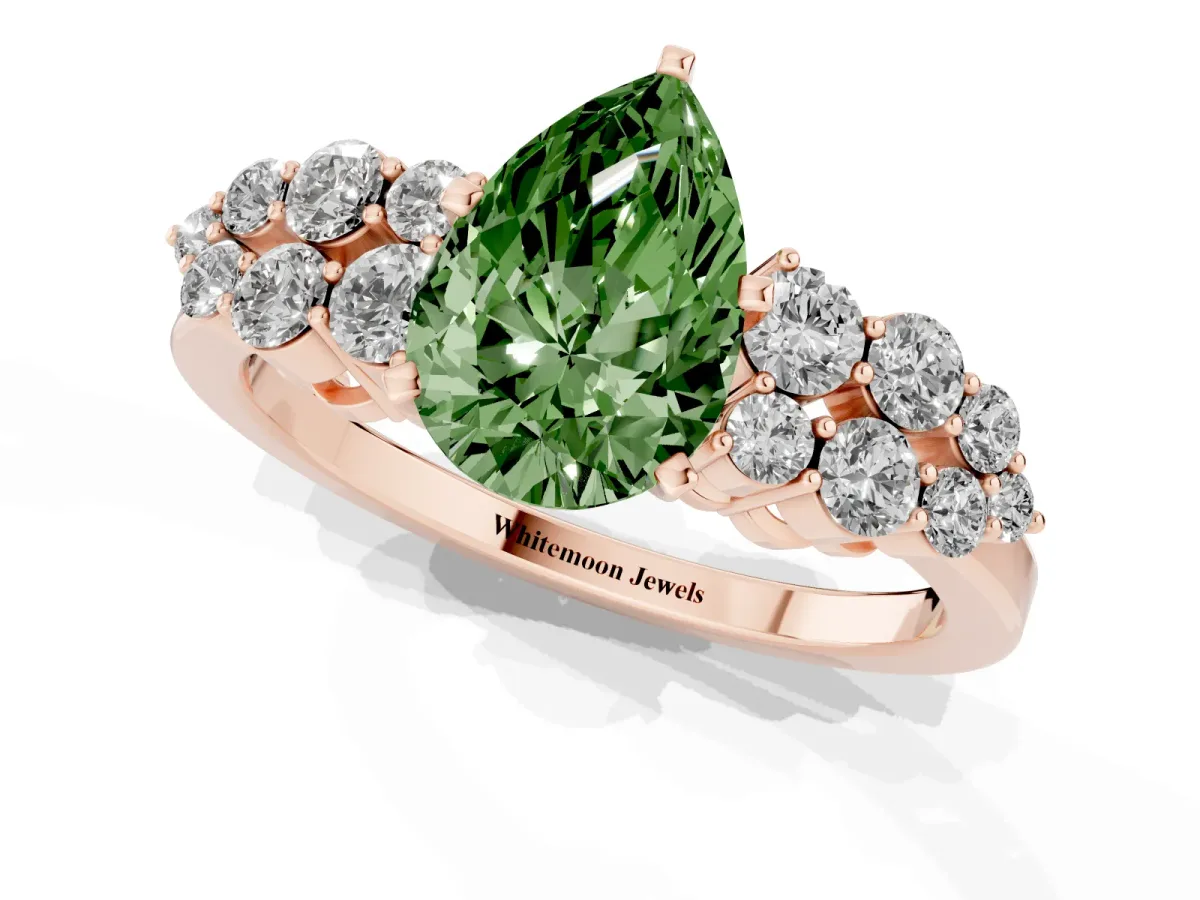 Fancy Green Pear Cut Cluster Diamond Engagement Ring with Pavé Band and Four-Prong Setting Rose gold