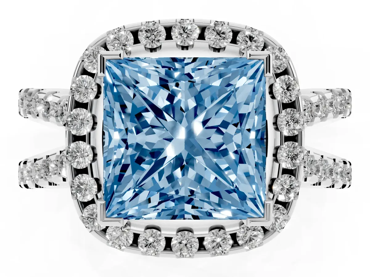 Fancy Blue Princess Cut Diamond Halo Ring with Split Shank Pavé Band and Prong Setting Silver