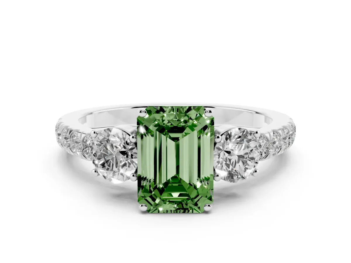 Fancy Green Emerald Cut Cut Diamond Three-Stone Ring with Round Side Stones and Pavé Band Silver