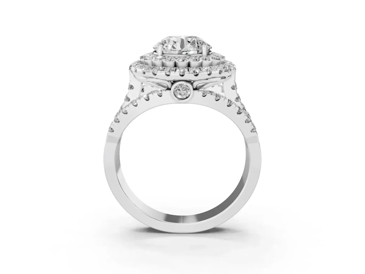 Round Cut Diamond Double Halo Ring with Round Pavé Split Shank and Prong Setting Silver