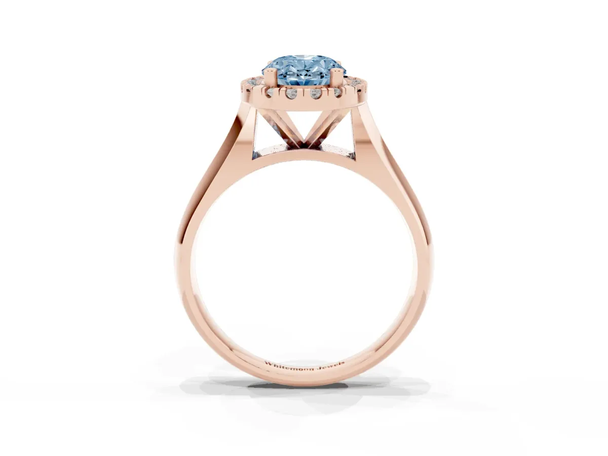 Fancy Blue Oval Cut Cut Halo Solitaire Engagement Ring with Square Band and Four-Prong Setting Rose gold