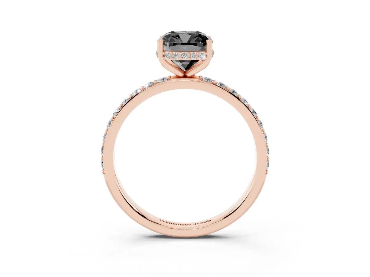 Fancy Black Cushion Cut Diamond Solitaire Ring with Pavé Band and Hidden Halo Rose gold