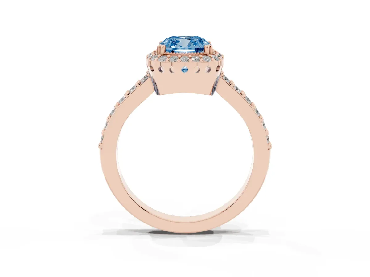 Fancy Blue Cushion Cut Cut Diamond Halo Engagement Ring with Milgrain Detail and Pavé Band Rose gold
