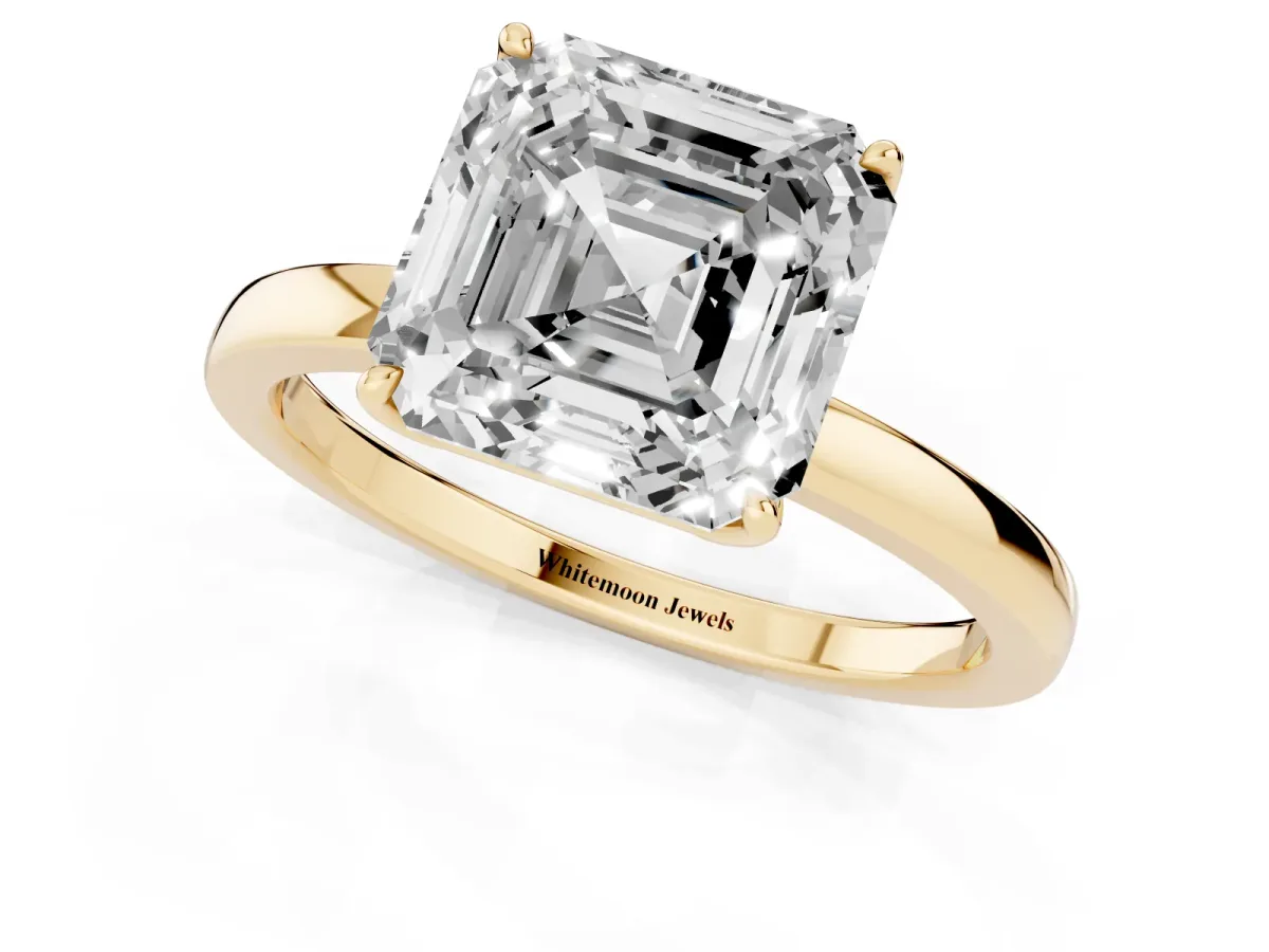 Asscher Cut Diamond Solitaire Ring with Thin Band and Prong Setting Yellow gold