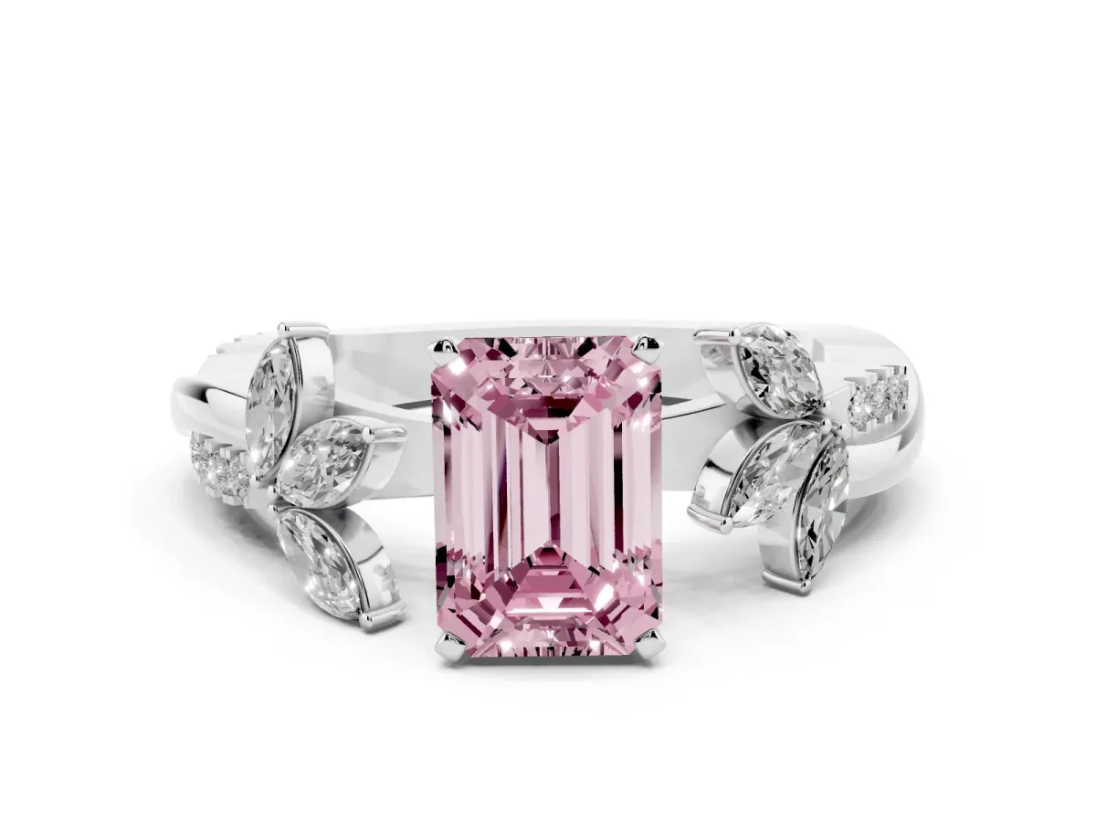 Fancy Pink Emerald Cut Diamond Floral Vine Solitaire Engagement Ring Silver