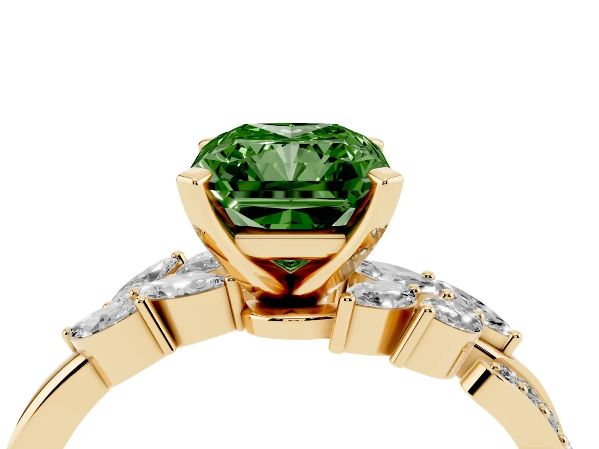 Fancy Green Radiant Cut Solitaire Marquise Twist Band with Six-Prong Setting Yellow gold