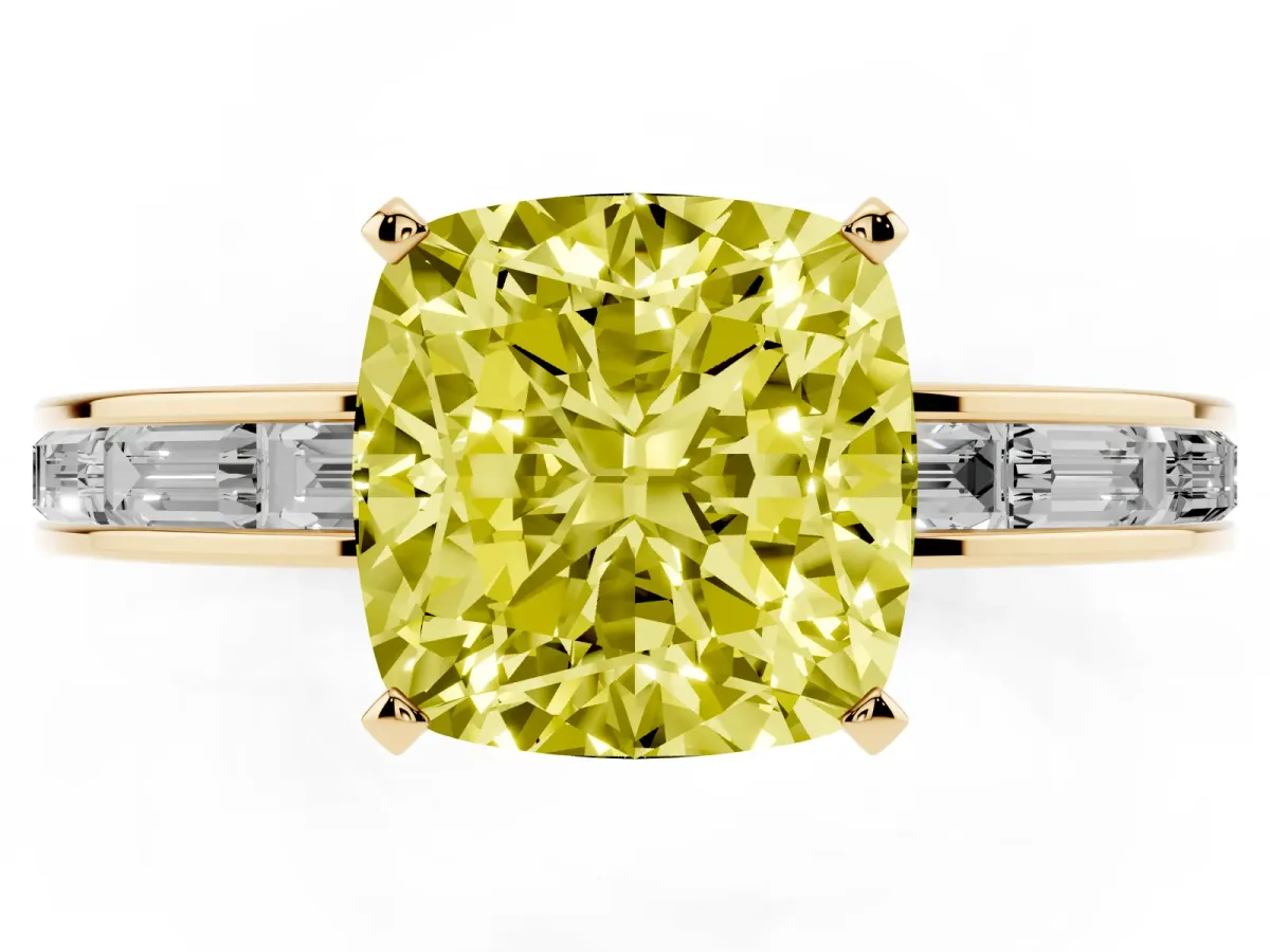 Fancy Yellow Cushion Cut Solitaire Diamond Ring with Channel-Set Baguette Band and Four-Prong Setting Yellow gold