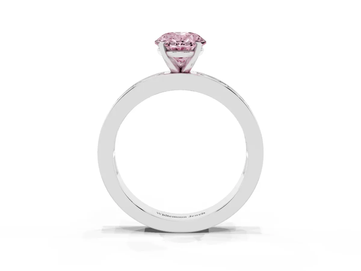 Fancy Pink Oval Cut Solitaire Diamond Ring with Channel-Set Baguette Band and Four-Prong Setting White gold
