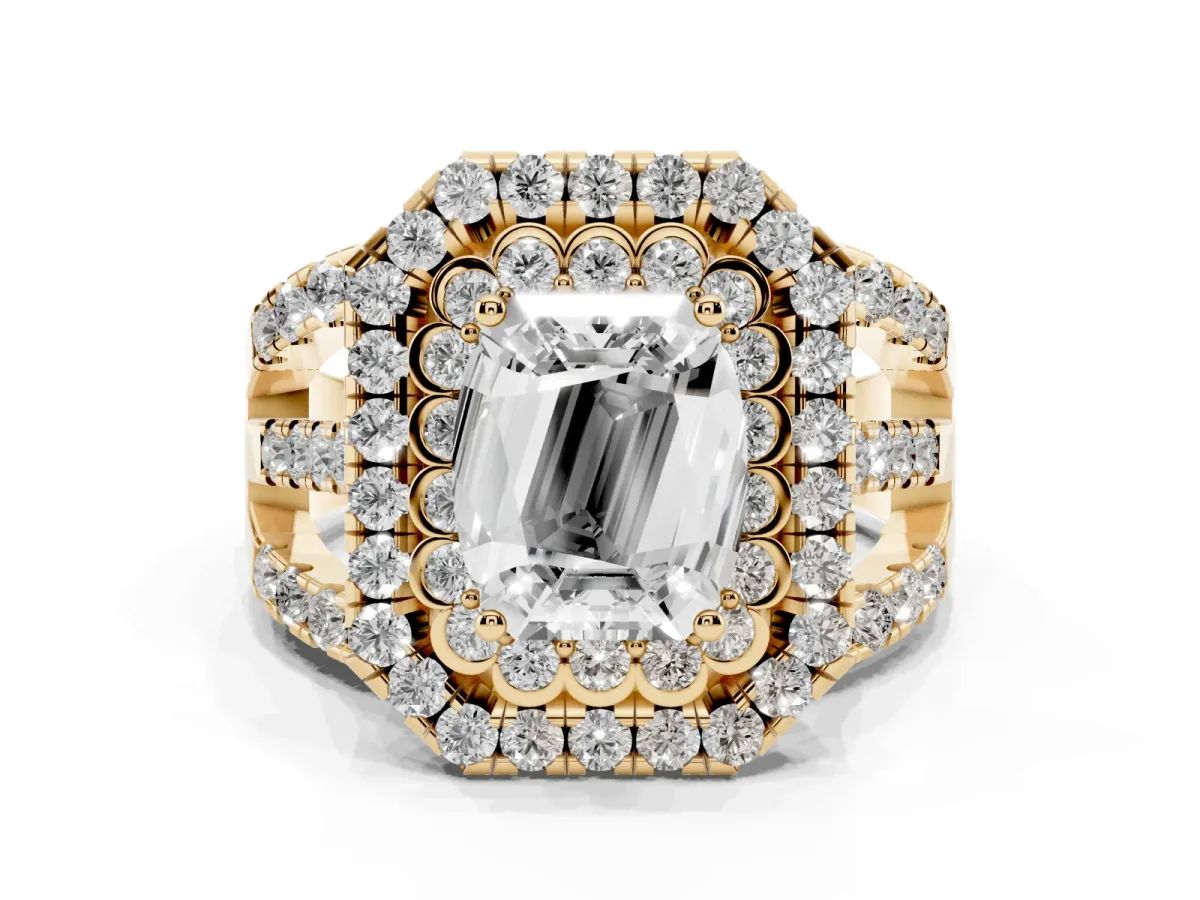 Emerald Cut Diamond Double Halo Ring with Round Pavé Split Shank and Prong Setting Yellow gold