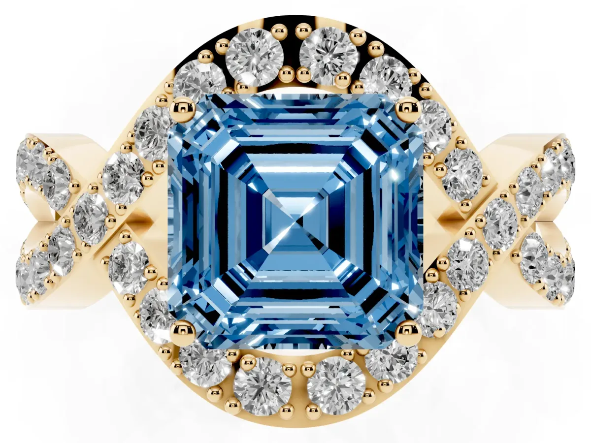 Fancy Blue Asscher Cut Solitaire Twist Band Pavé Diamond Engagement Ring Yellow gold
