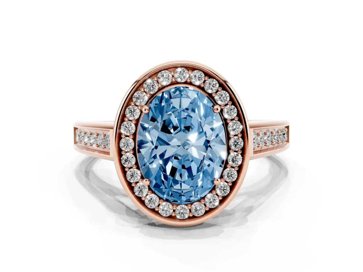 Fancy Blue Oval Cut Halo Solitaire Diamond Ring with Pave Band and Bezel Setting Rose gold