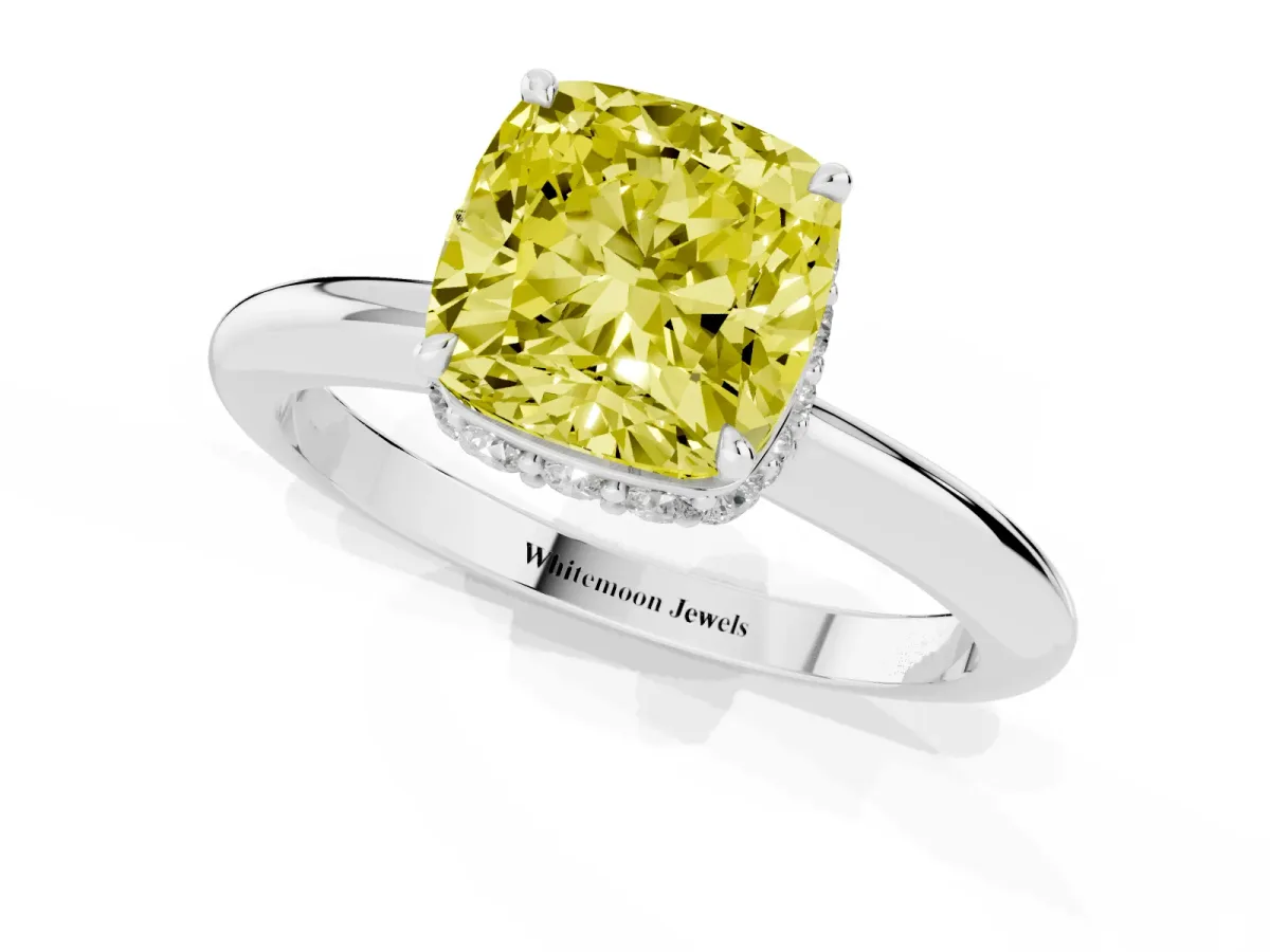 Fancy Yellow Cushion Cut Brilliant Solitaire Engagement Ring with Six-Prong Setting and Classic Band Silver