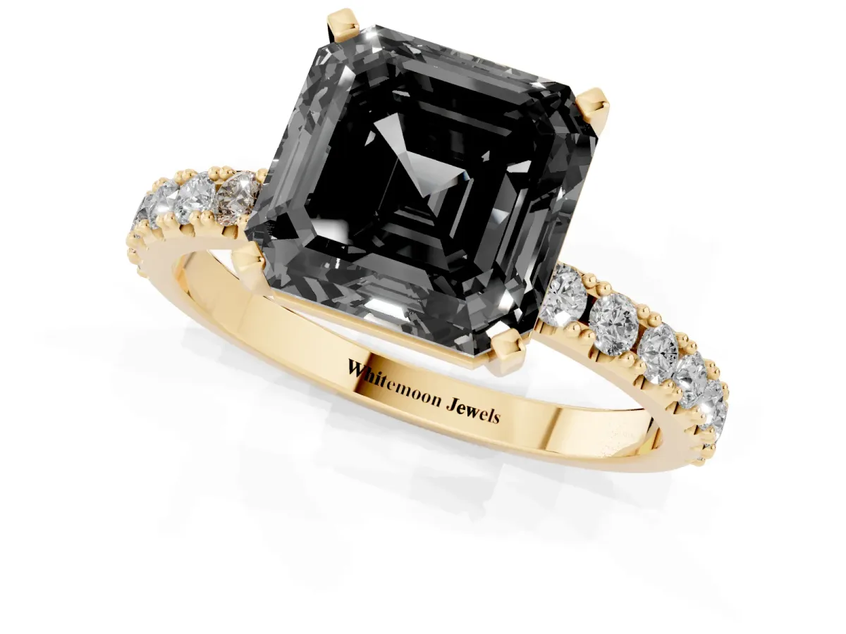 Fancy Black Asscher Cut Diamond Solitaire Pavé Band with Four-Prong Setting Yellow gold