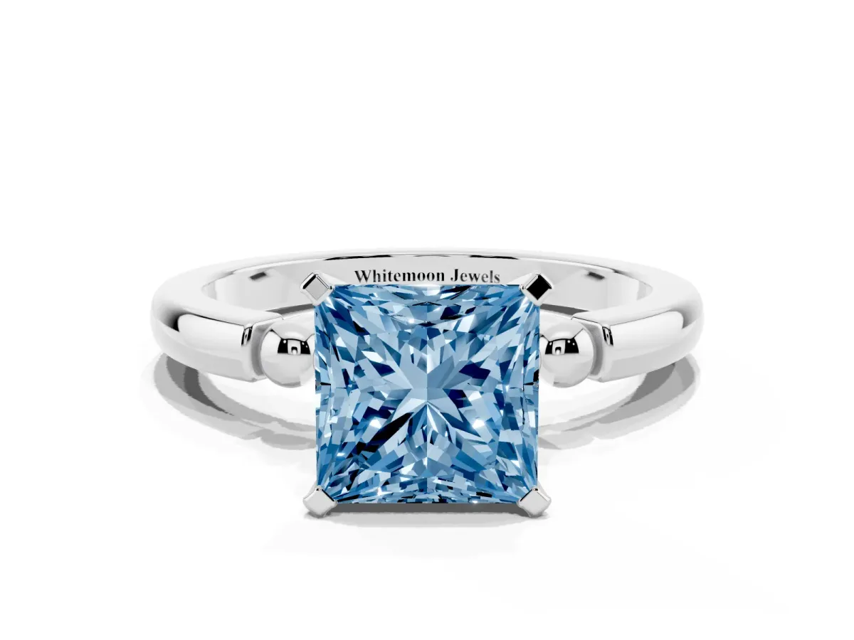 Fancy Blue Princess Cut Solitaire Beaded Band with Four-Prong Setting White gold