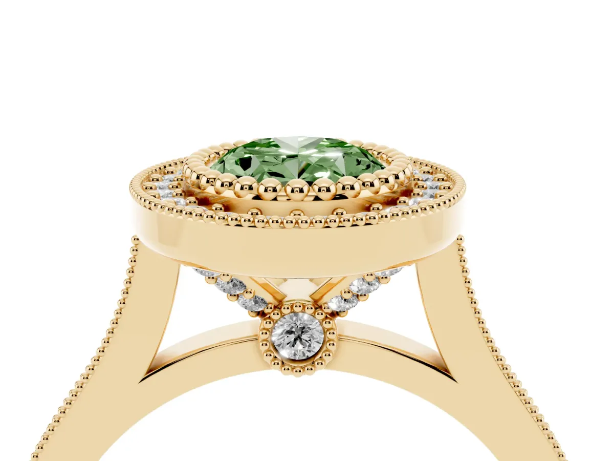 Fancy Green Oval Cut Diamond Halo Ring with Milgrain Frame and Pavé Band Yellow gold