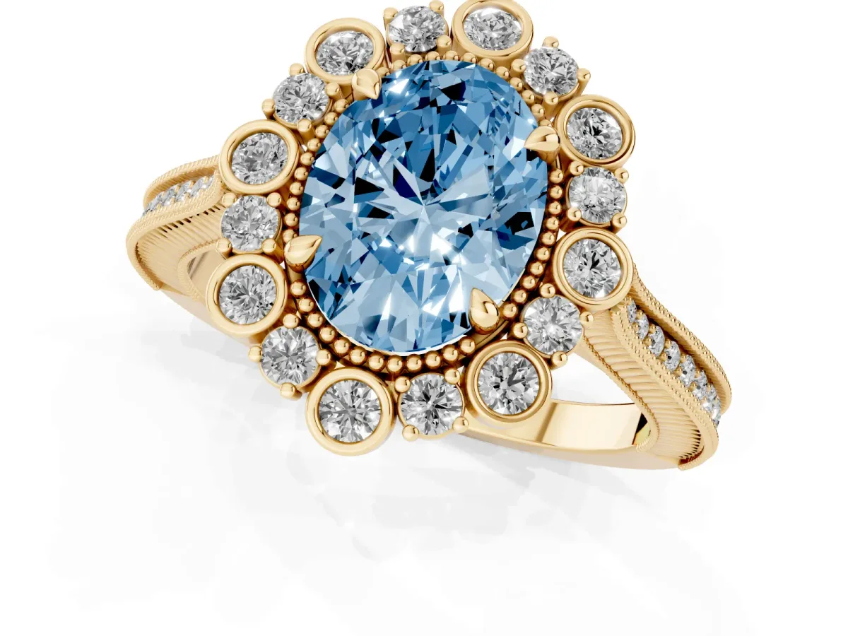 Fancy Blue Oval Cut Halo Milgrain Pave Diamond Ring with Four-Prong Setting Yellow gold