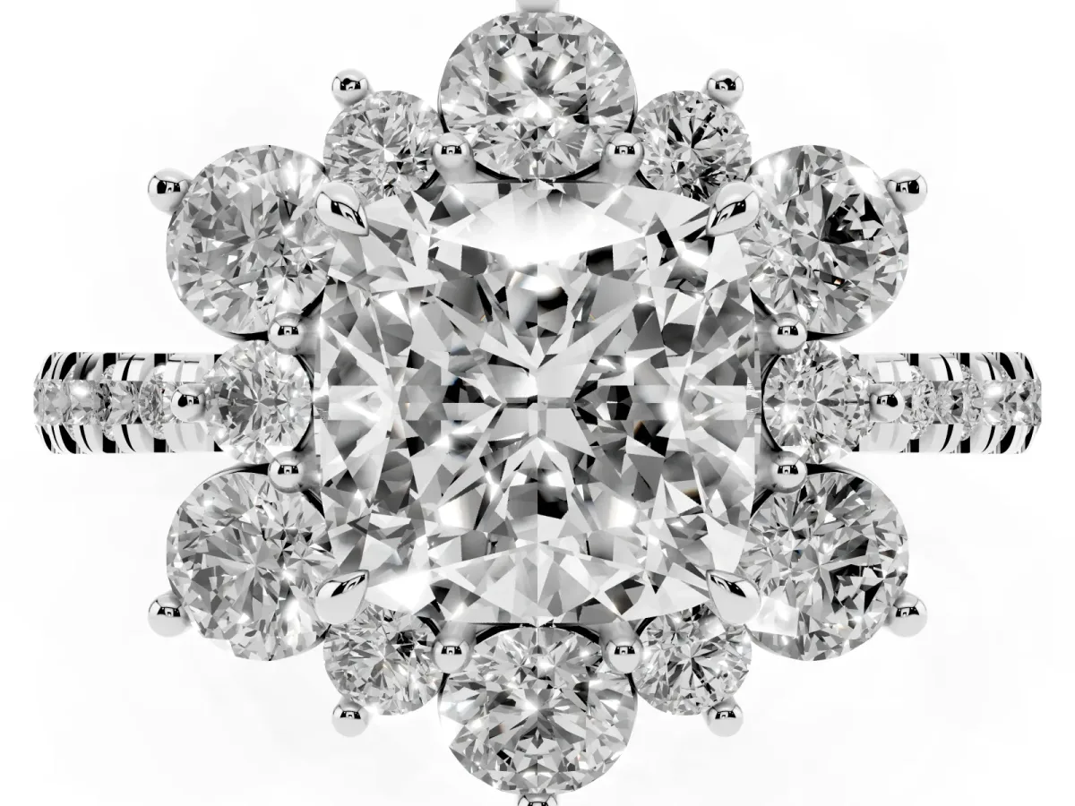 Cushion Cut Diamond Floral Halo Ring with Round Pavé Band and Prong Setting White gold