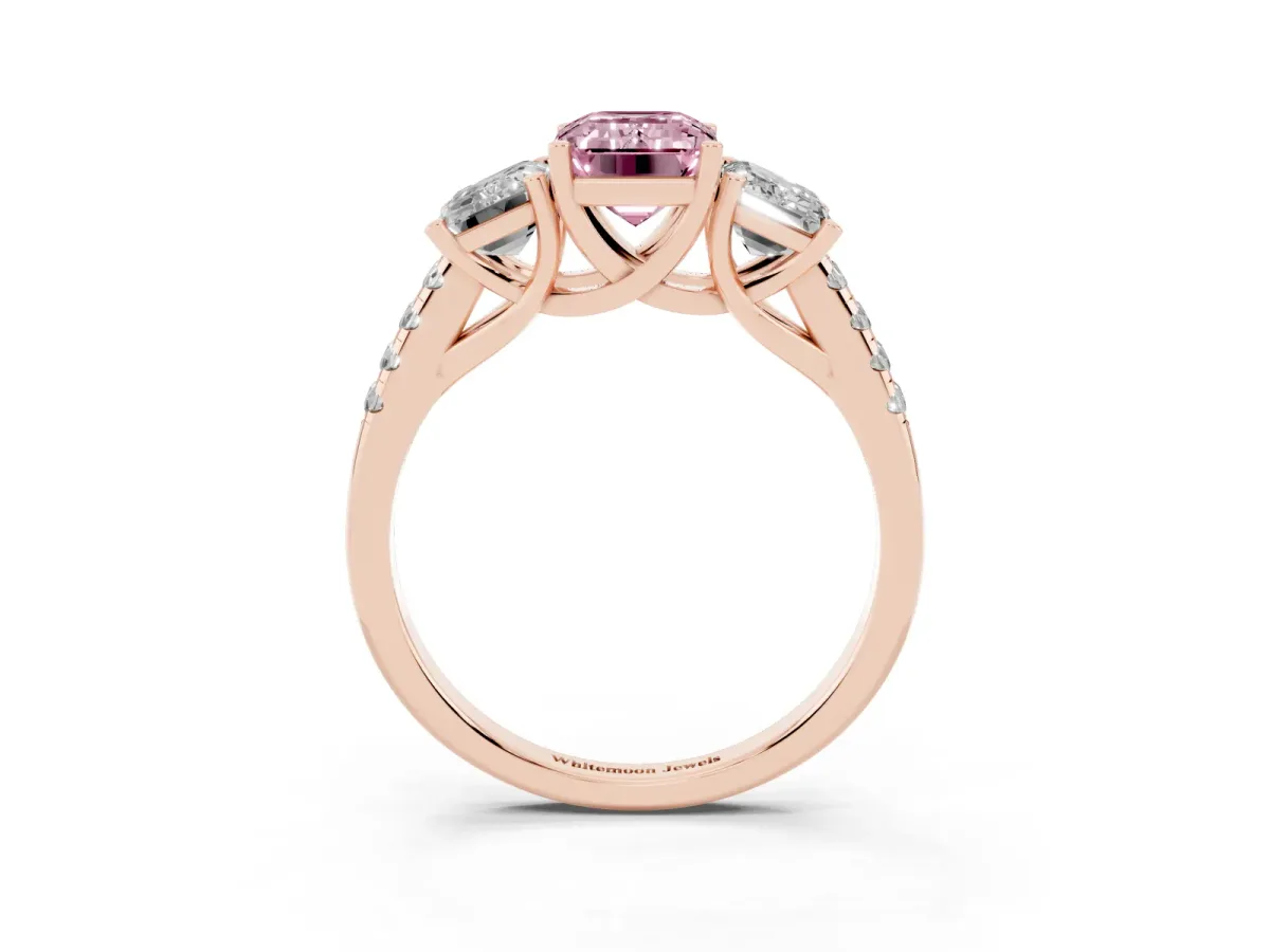 Fancy Pink Three-Stone Emerald Cut Diamond Ring with Round Pavé Band and Prong Setting Rose gold