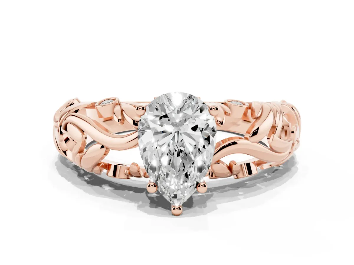 Pear Cut Solitaire Diamond Leaf-Inspired Vine Band Ring with Prong Setting Rose gold