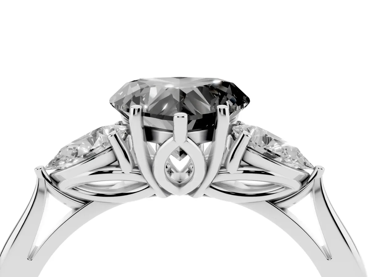 Fancy Black Heart Cut Diamond Three-Stone Ring with Pear Side Stones and Prong Setting Silver